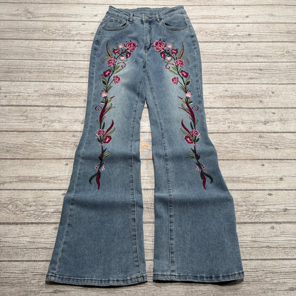 Y2K Romwe Jeans Women's M Blue Flare Leg Denim Floral Embroidered Bell Bottoms
